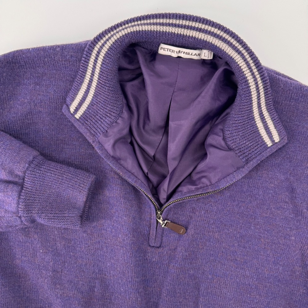 Peter Millar Sweater Mens Large Purple Merino Wool Lined Quarter Zip Pullover
